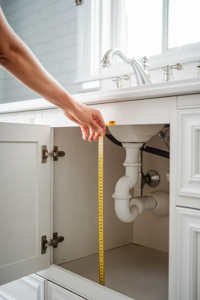 Measuring clear height under the P-trap before starting bathroom vanity organization