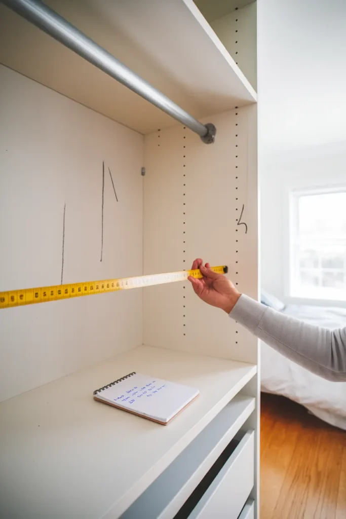 Measuring closet width and marking studs before a DIY closet organizer build