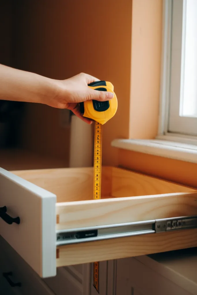 Measuring spice drawer interior height with a tape measure before organizing