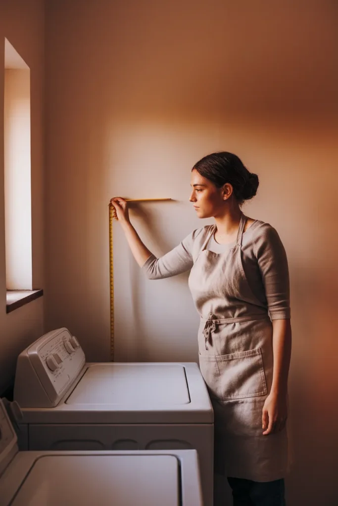 Measuring wall space above the washer for laundry room storage shelves