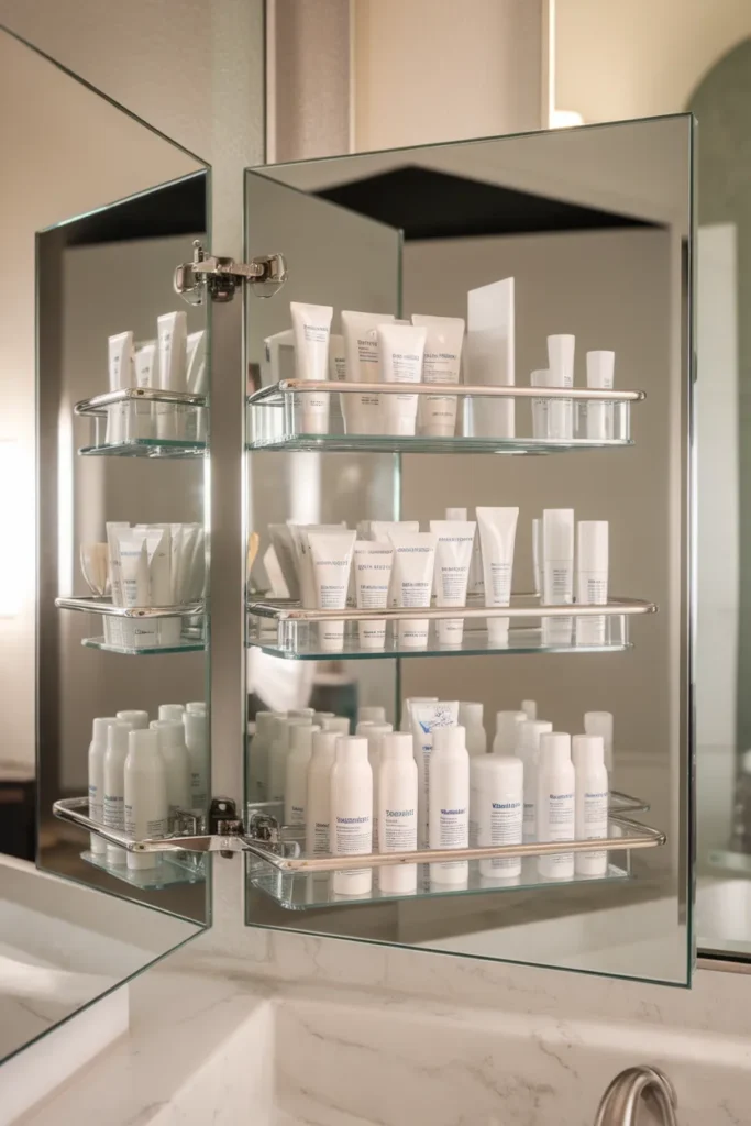 Medicine cabinet skincare organization zoned by daily reach and backups