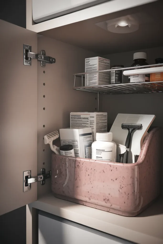 Moisture-sensitive backups stored in a closed bin, part of smart bathroom shelf organization
