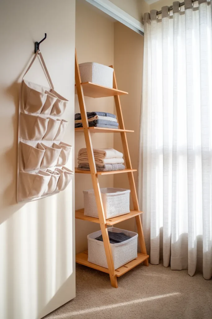 No-drill closet shelf organization with freestanding shelving and over-door storage