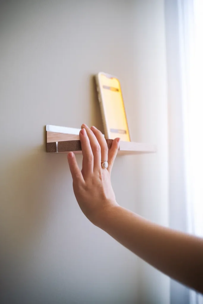 No-drill floating bedside shelf mounted with damage-free strips in a rental bedroom