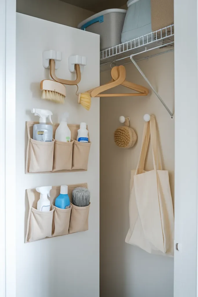 No-drill laundry room organization for renters with an over-the-door rack and Command hooks