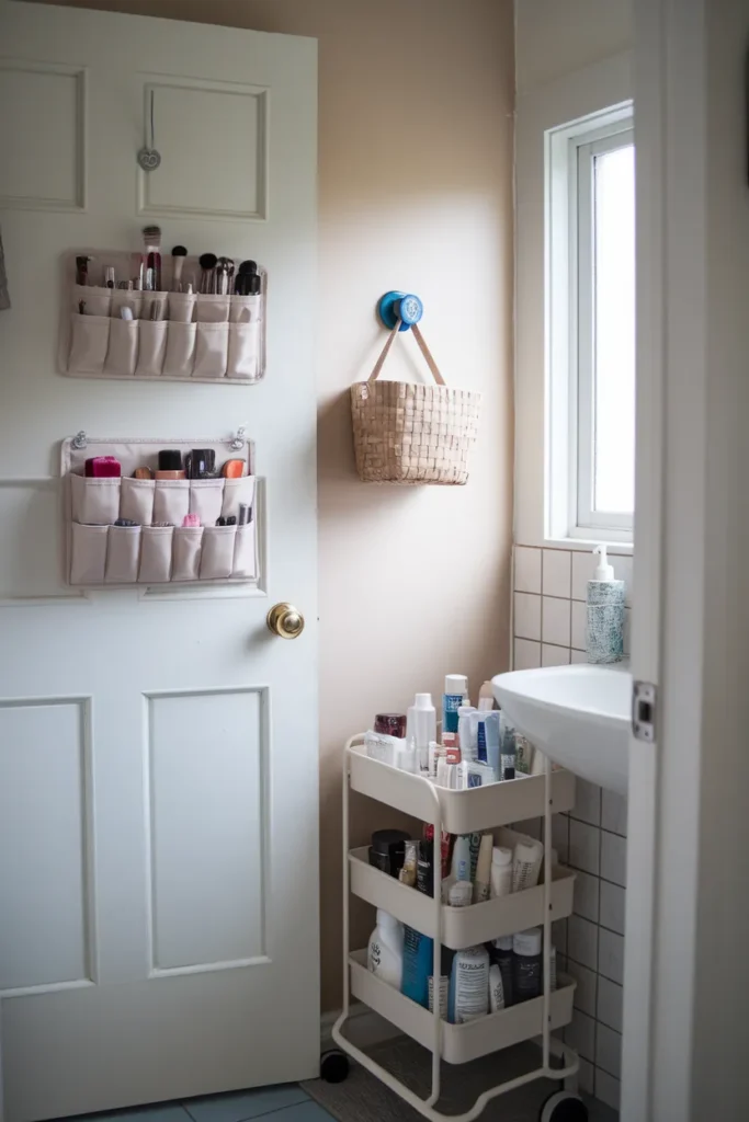 No-drill makeup storage for a small bathroom with over-the-door organizer and cart