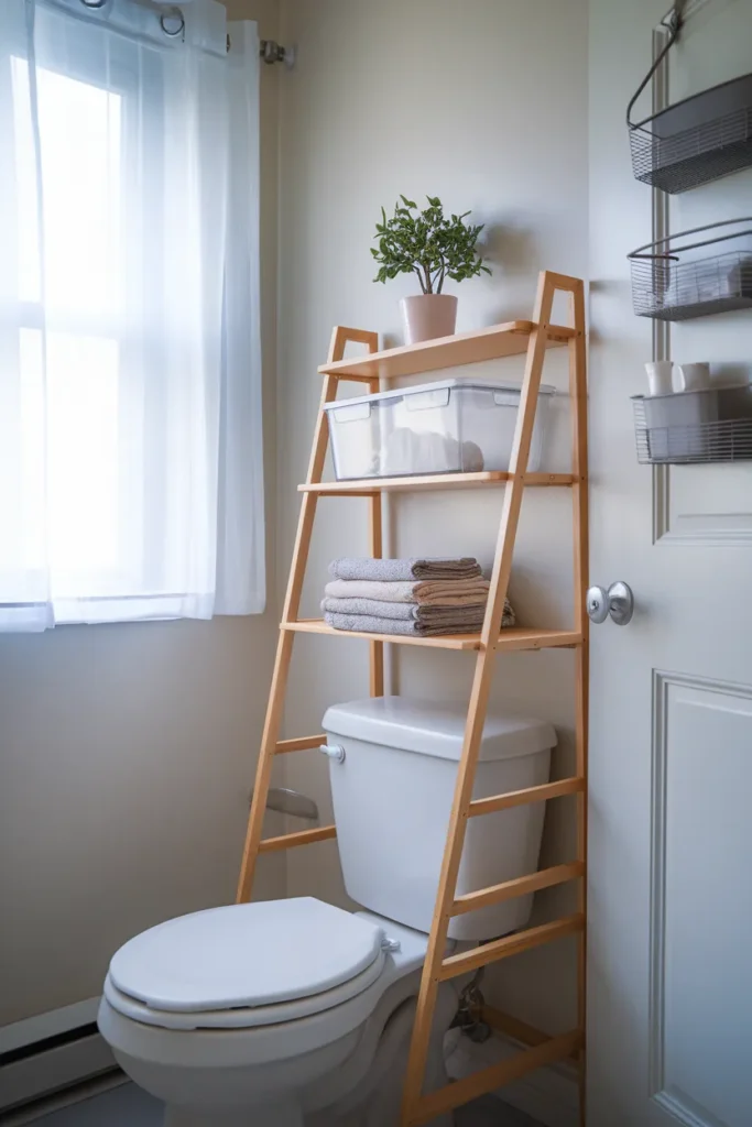 No-drill over-the-toilet shelving for renter bathroom shelf organization