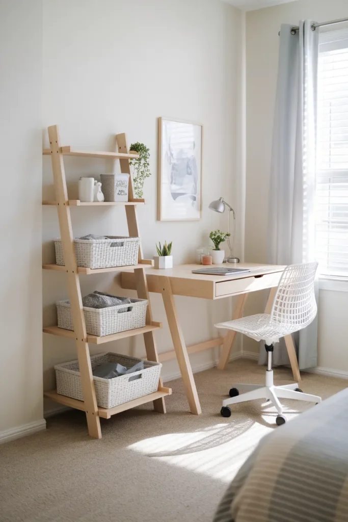 No-drill renter-friendly small bedroom office corner with leaning shelf