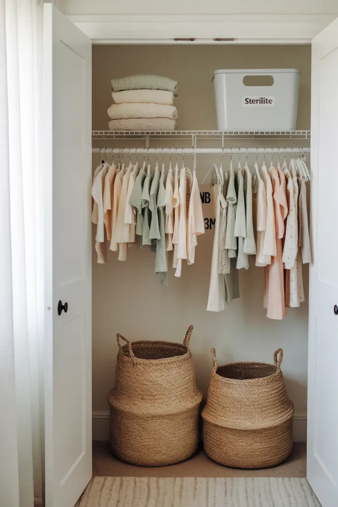 Nursery closet organization with double rod, size dividers, and labeled baskets