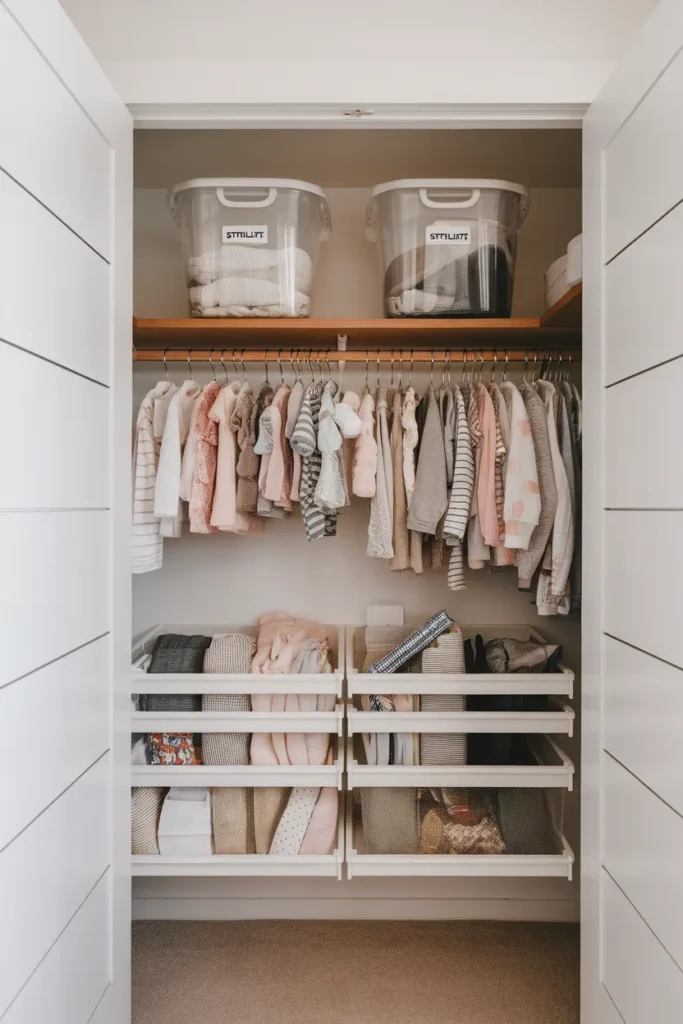 Nursery closet organization zones by height for reach, rotate, and reserve
