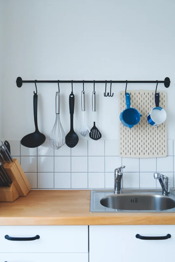 Organize kitchen utensils without drawers using a wall rail with S hooks and a small pegboard