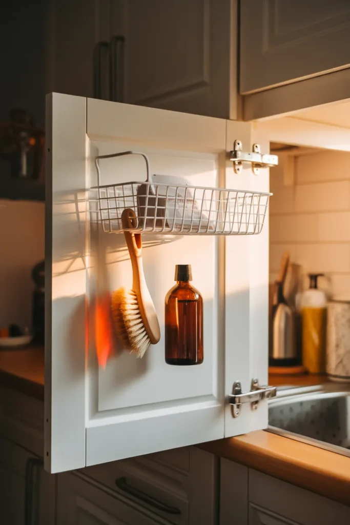 Over the cabinet door basket holding daily sprays for under kitchen sink storage