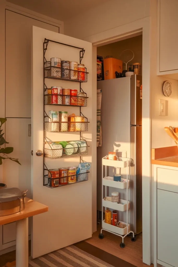 Over the door can organizer and slim rolling cart adding pantry can storage in a small kitchen