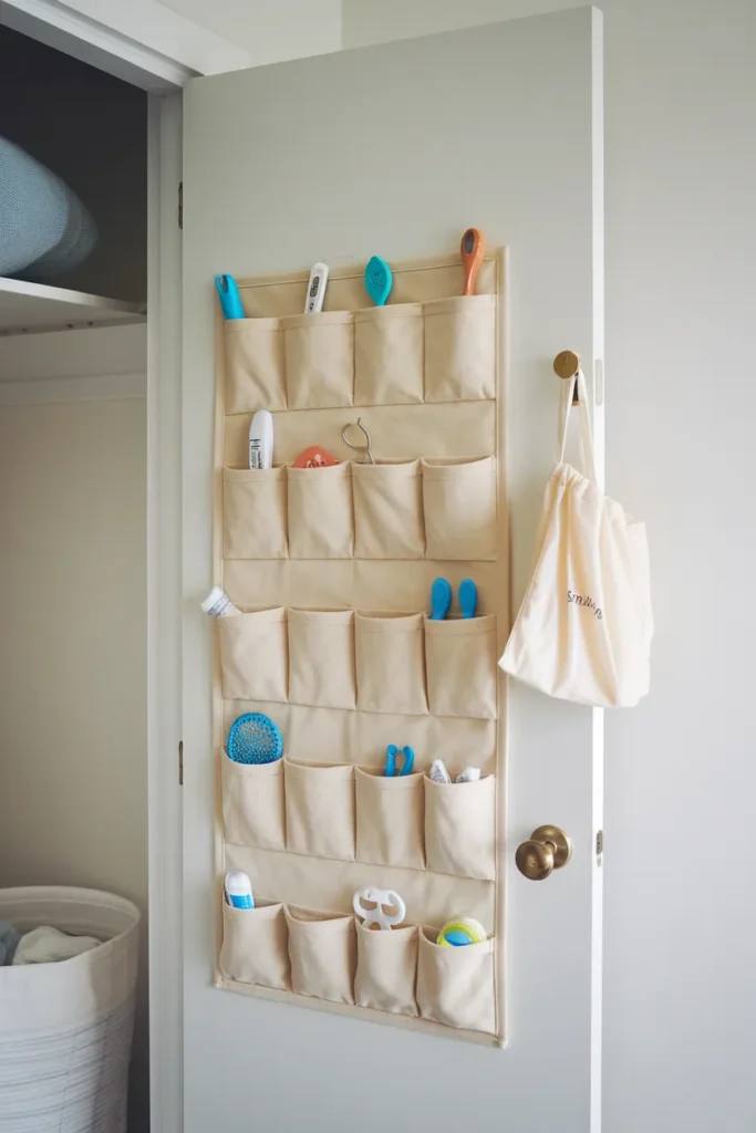 Over the door organizer adding storage to a small nursery closet