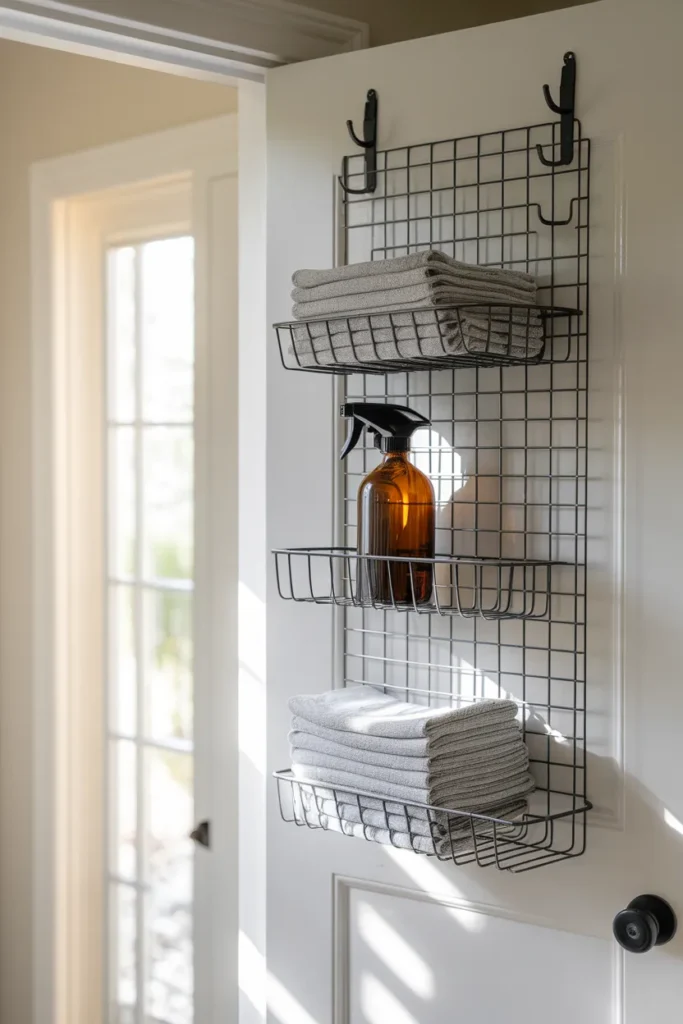 Over-the-door rack holding laundry supplies on a laundry room door
