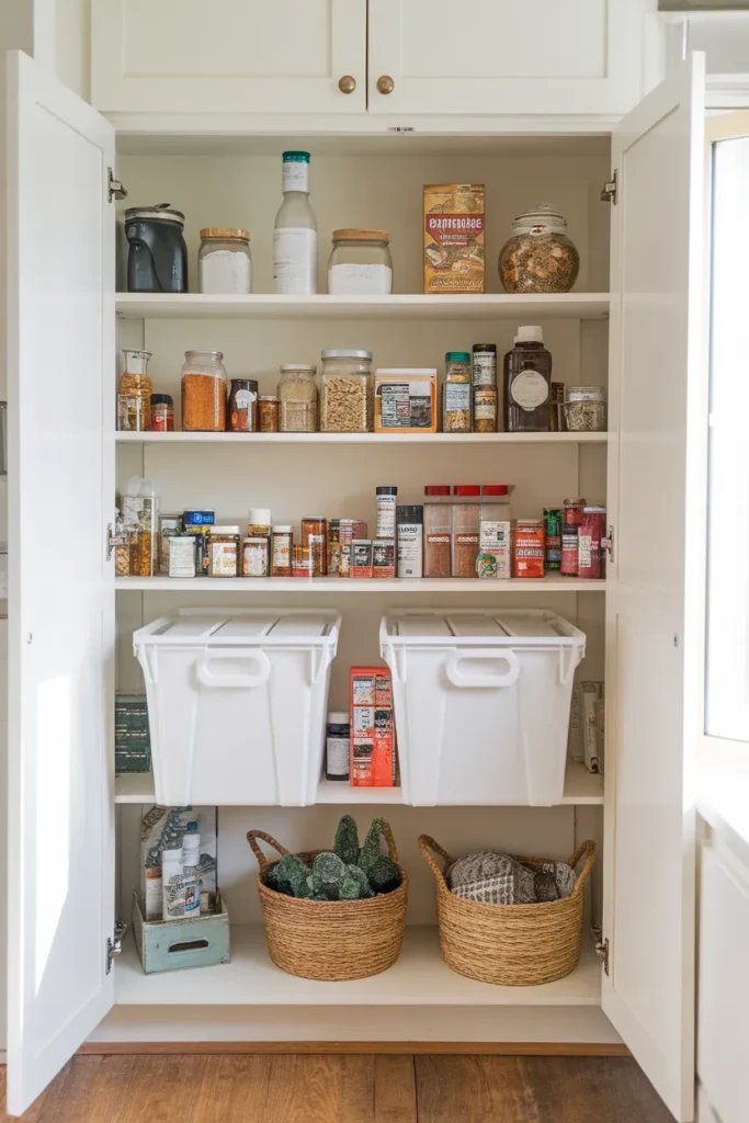 Pantry cabinet organization 3-Depth Rule on one shelf with a handled backstock bin pulled forward