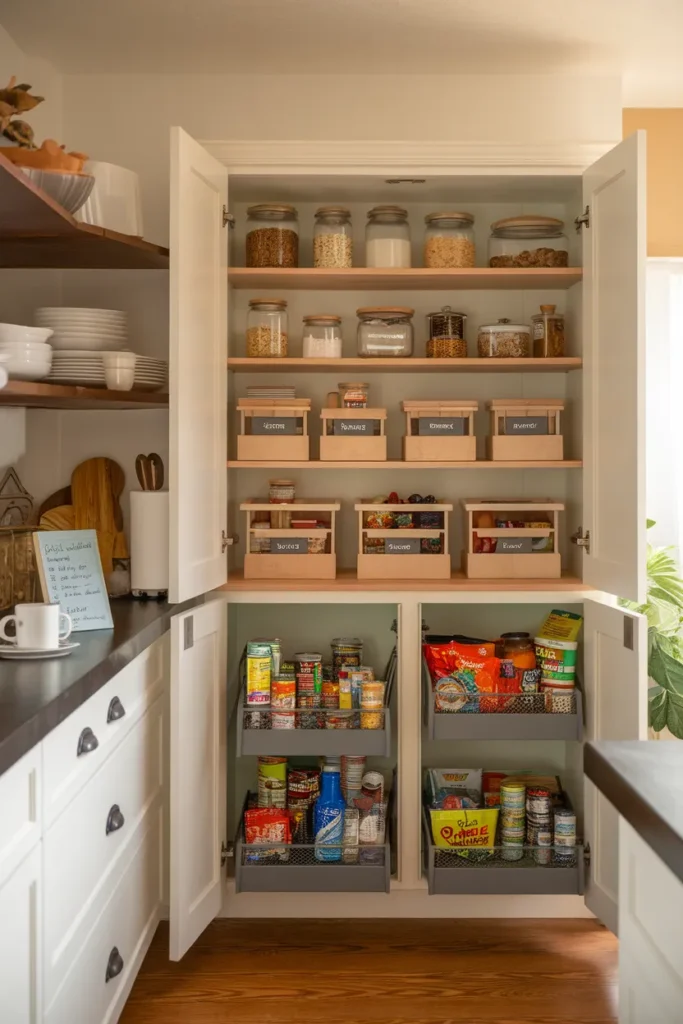 Pantry cabinet organization after photo with zoned shelves, jars, labeled bins, and baskets