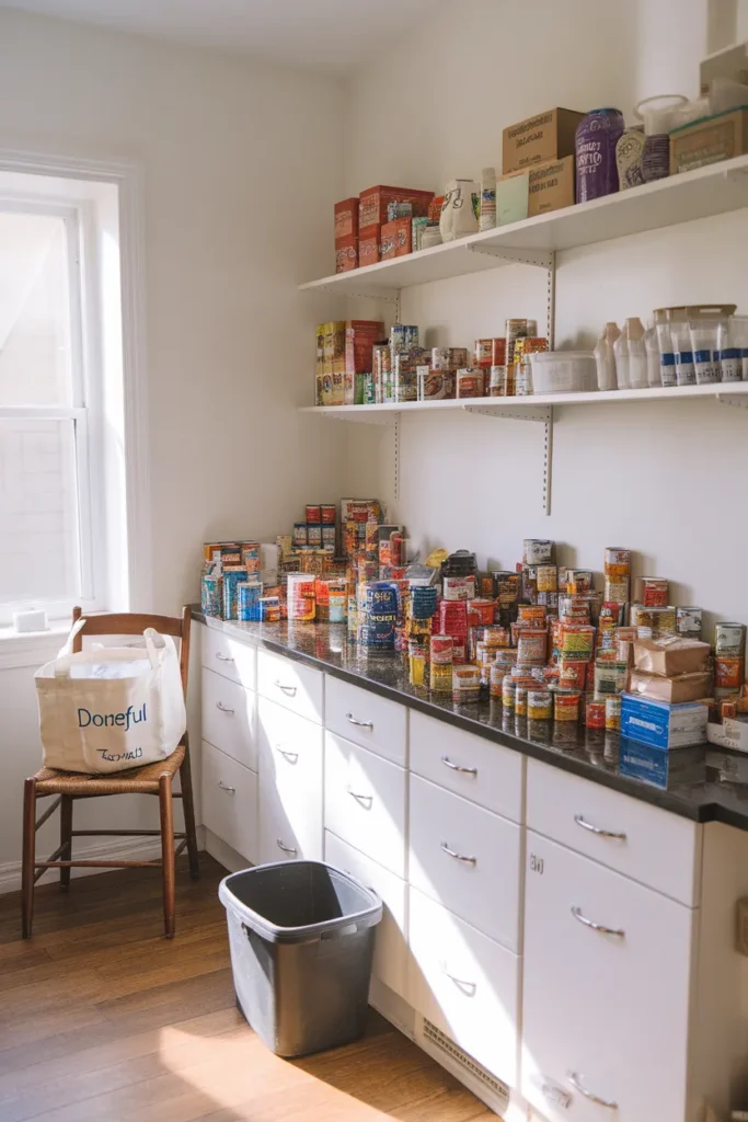 Pantry cabinet organization clear-out with food sorted into piles on a kitchen counter
