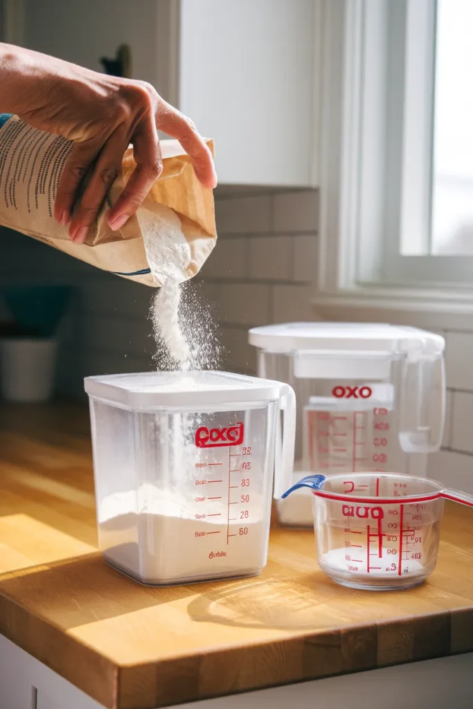 Pantry cabinet organization decanting with flour poured into an airtight OXO container