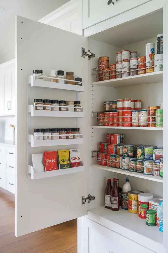 Pantry cabinet organization door rack and shelf riser adding vertical storage space