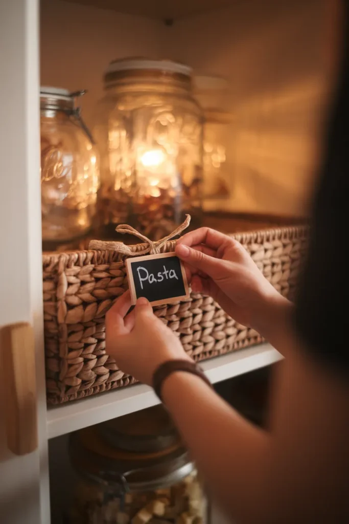 Pantry cabinet organization labels with a chalkboard tag tied to a woven pantry bin