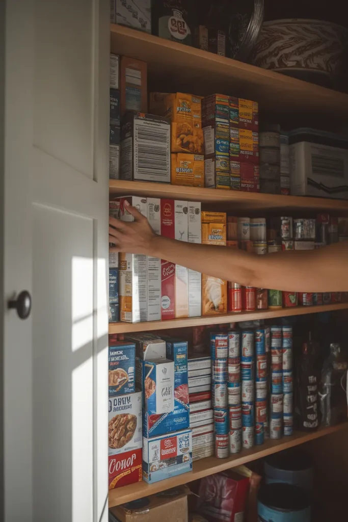 Pantry cabinet organization problem shown by a hand reaching into a dark deep shelf