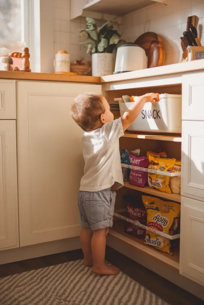 Pantry cabinet organization snack zone with a child reaching a labeled bin on a low shelf