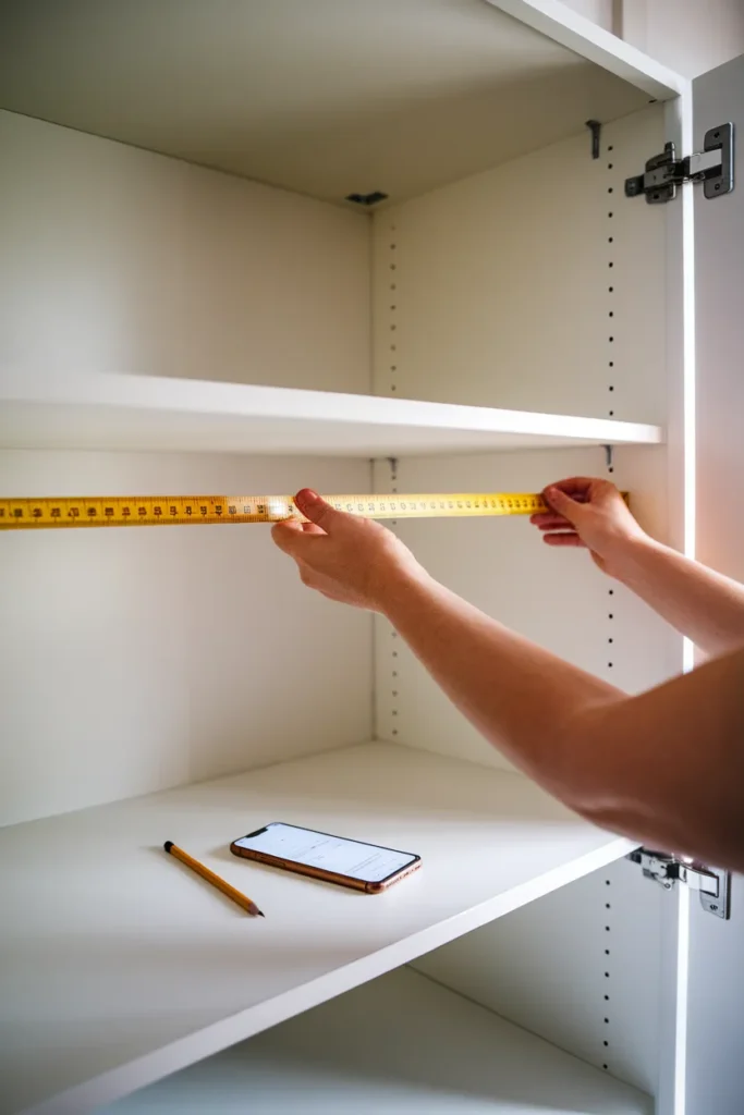 Pantry cabinet organization step showing a tape measure checking shelf depth before buying bins
