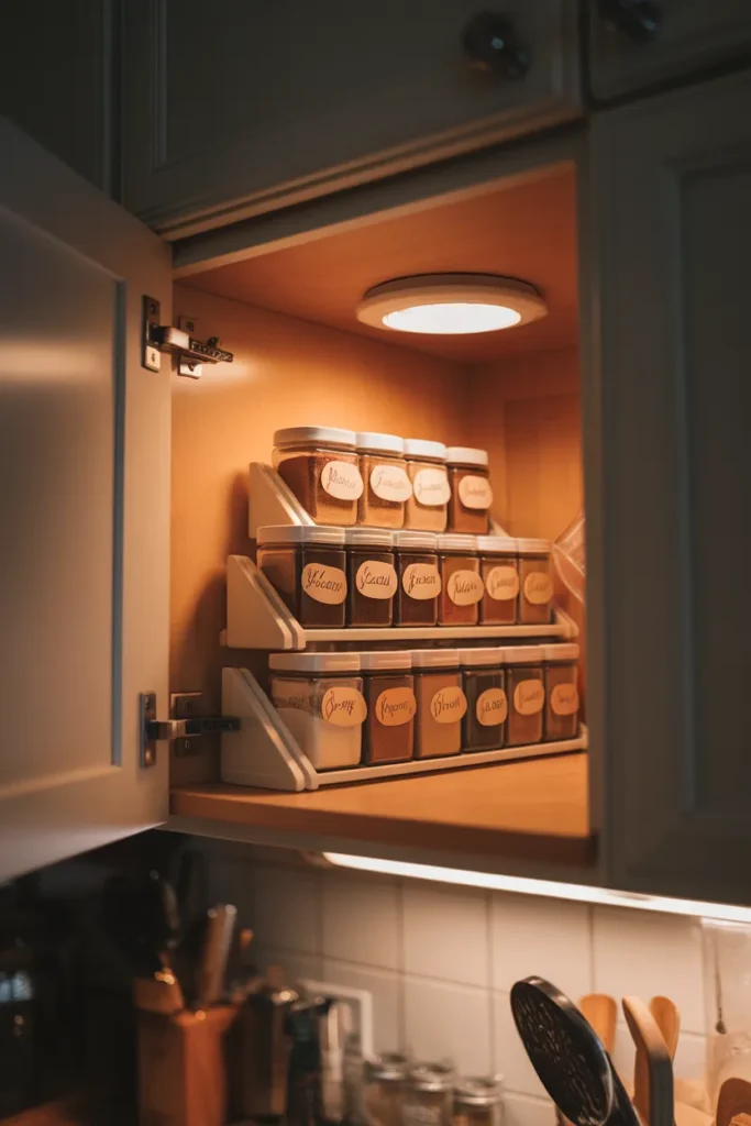 Pantry labels on matching spice jars under warm cabinet light