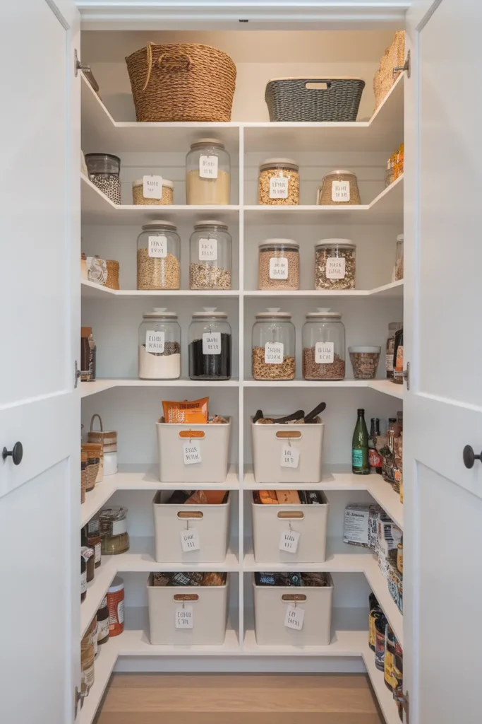 Pantry organization zones for breakfast, dinner, snacks and baking on labeled shelves