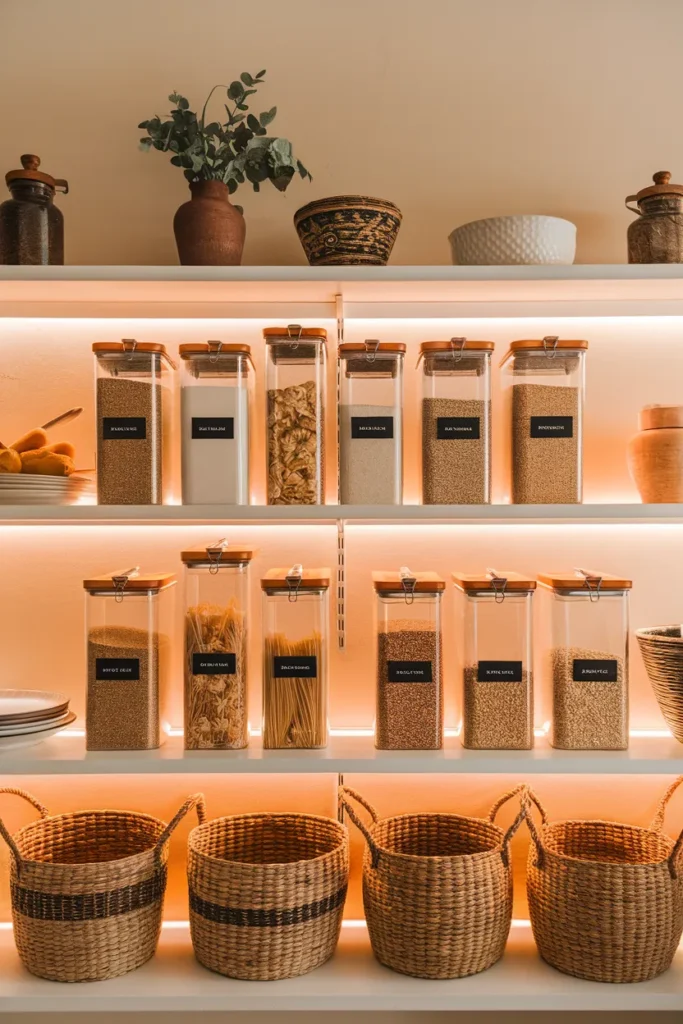 Pantry shelf with matching airtight food containers and labels for organized storage