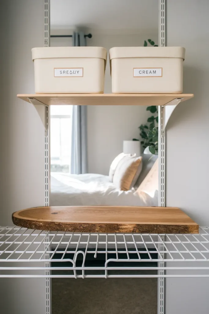 Pine board topper over wire shelving and a French cleat shelf in a DIY closet