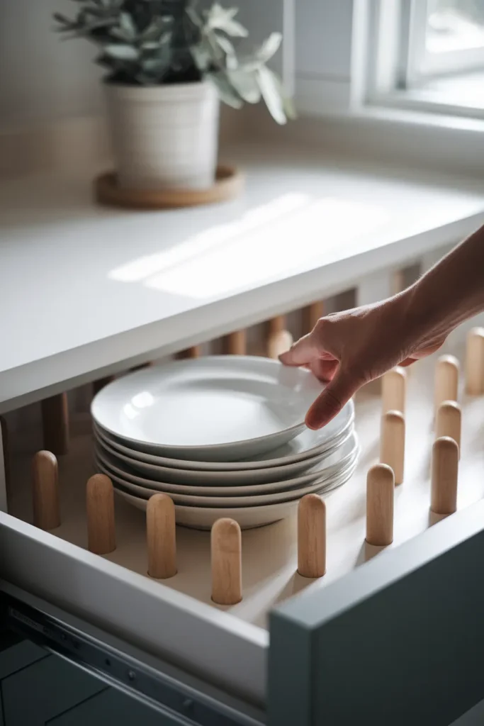 Plates stored in a deep kitchen drawer between wooden peg organizers