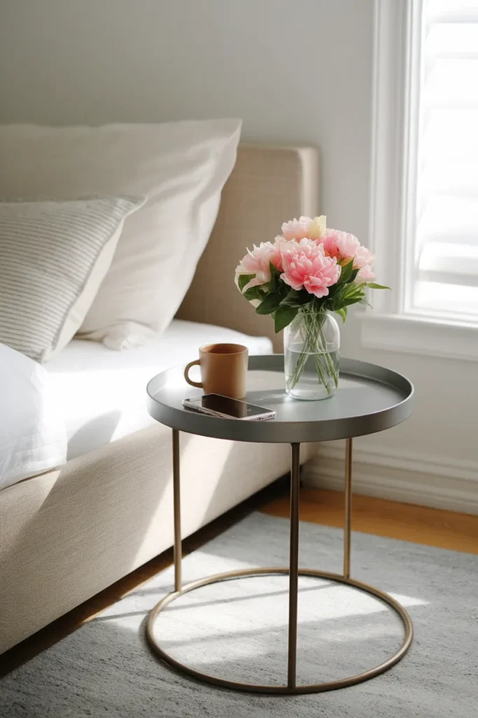 Portable tray table used as a movable bedside table in a small bedroom