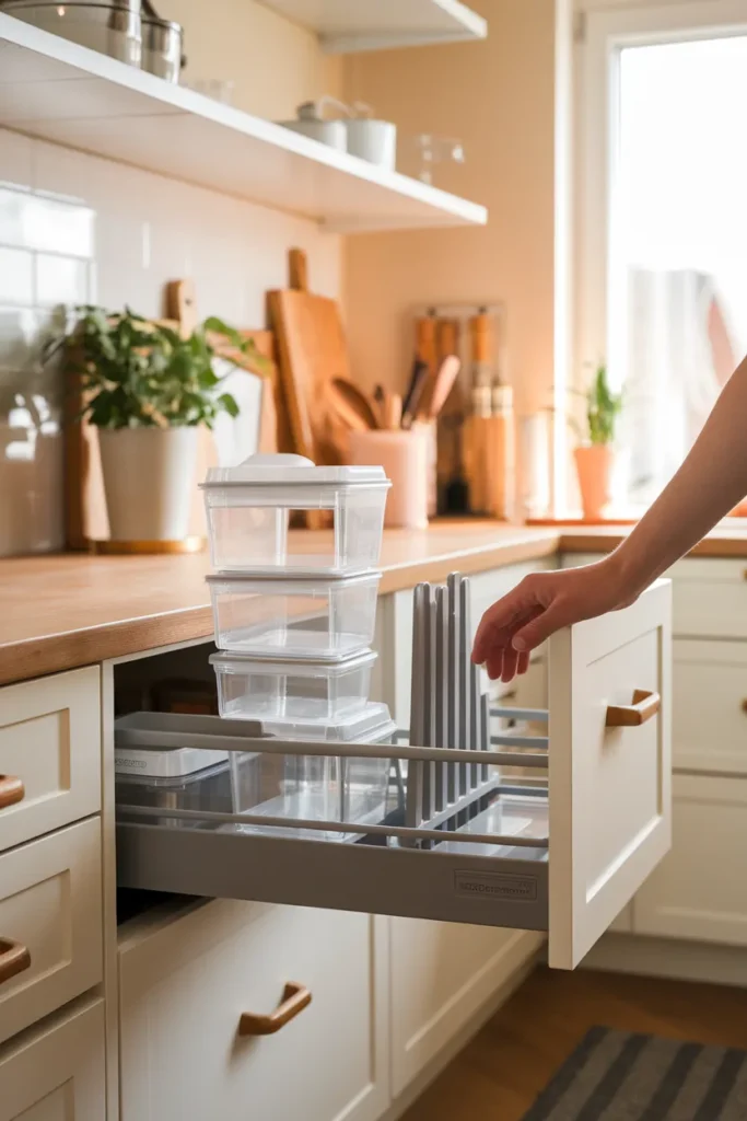 Pull-out kitchen drawer organized with food containers on one side and lids on the other