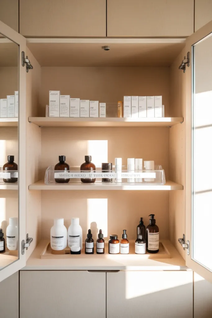 Reach Rotate Retire zones for bathroom skincare organization on an open shelf