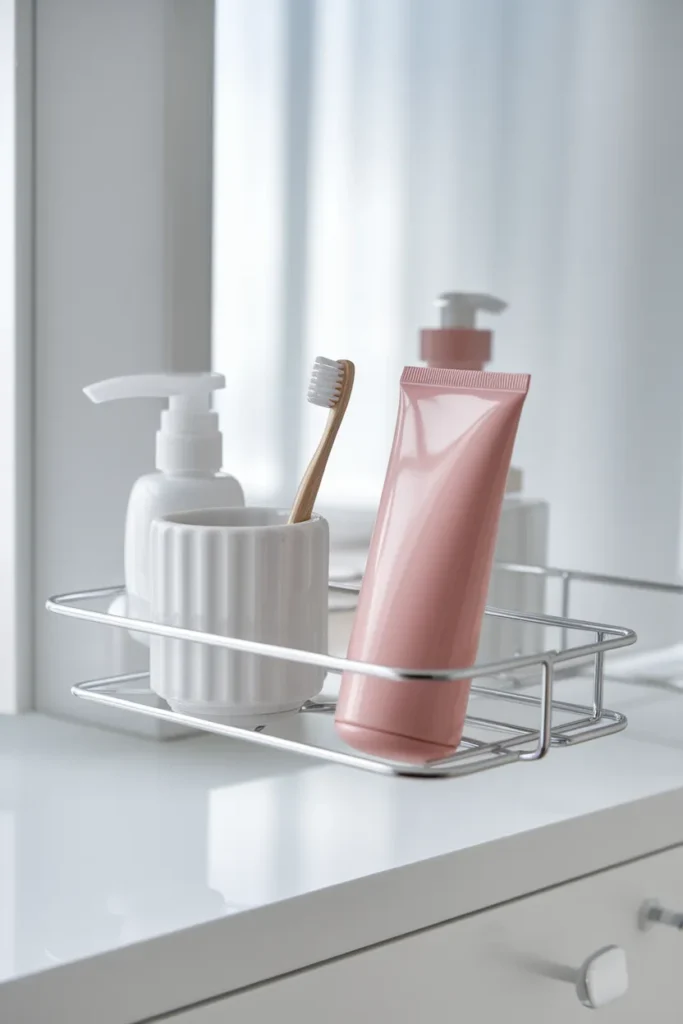 Reach zone shelf in bathroom shelf organization holding daily essentials in a caddy