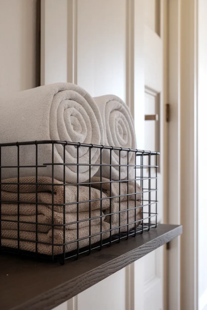 Rolled white towels in a basket for tidy bathroom shelf organization