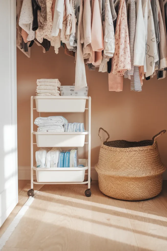 Rolling cart and basket using the nursery closet floor for diaper storage