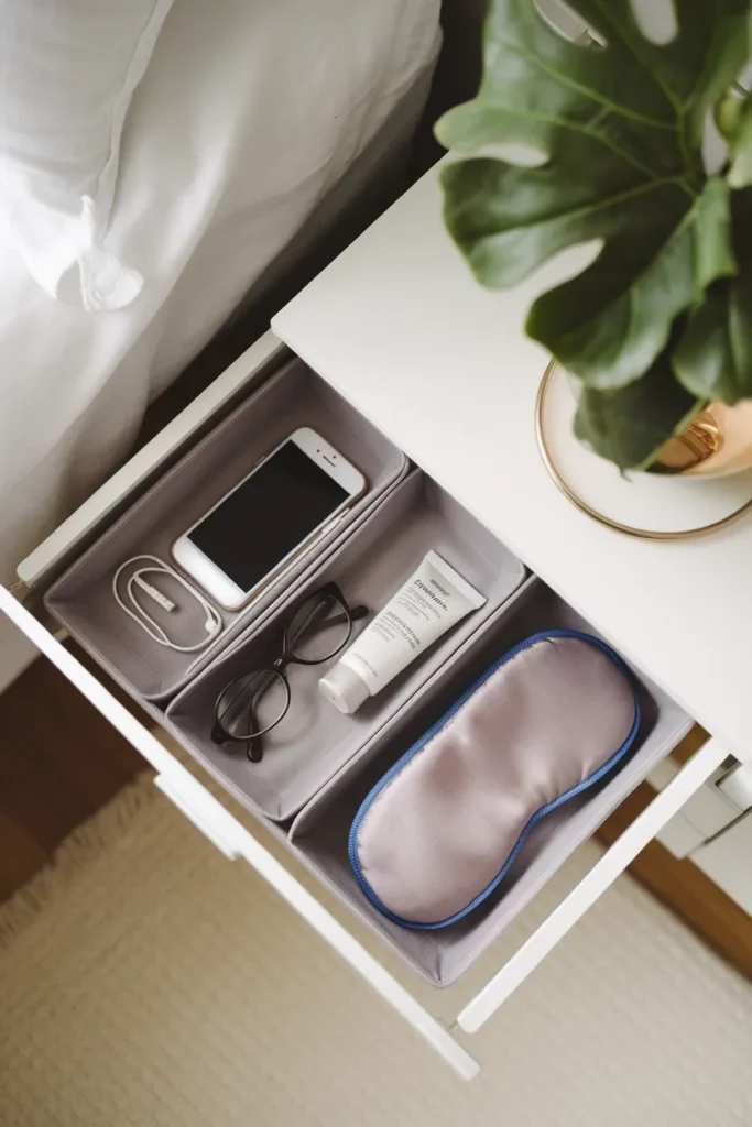Shallow bedside drawer organized with dividers in a narrow console nightstand