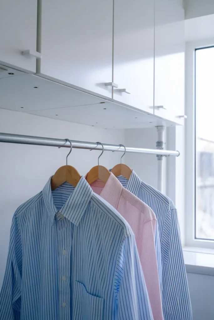 Shirts drying on a tension rod between two white laundry cabinets