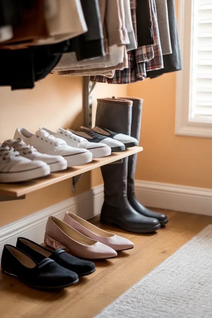 Shoes organized on a shallow closet shelf with boots stored upright