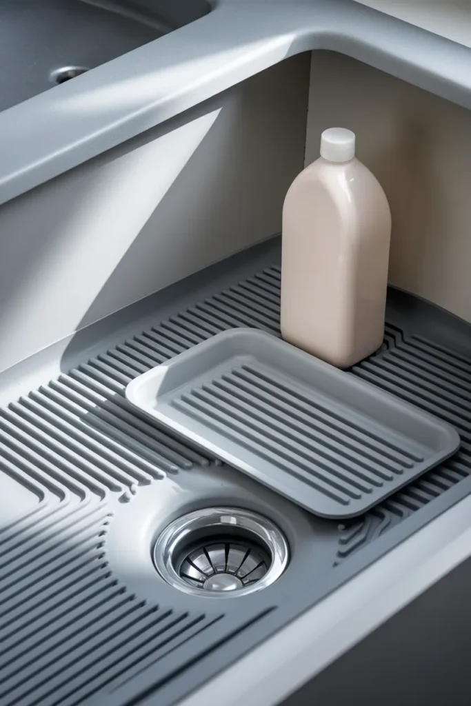 Silicone under sink mat and white drip tray protecting the kitchen cabinet base from leaks