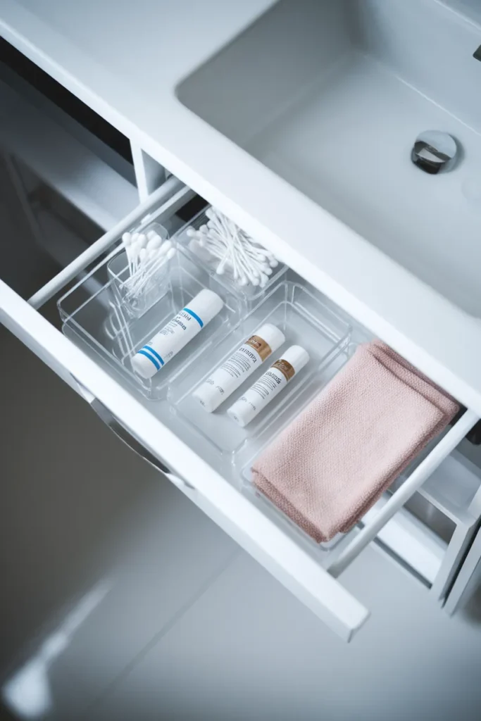 Skincare drawer organization with clear acrylic dividers in a bathroom vanity