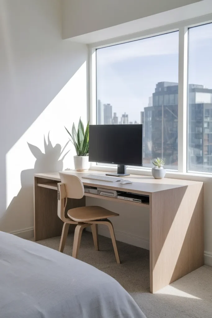 Slim rectangular desk chosen for a small bedroom office corner