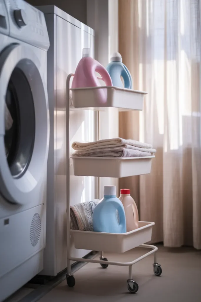 Slim rolling laundry cart pulled from the gap between washer and dryer