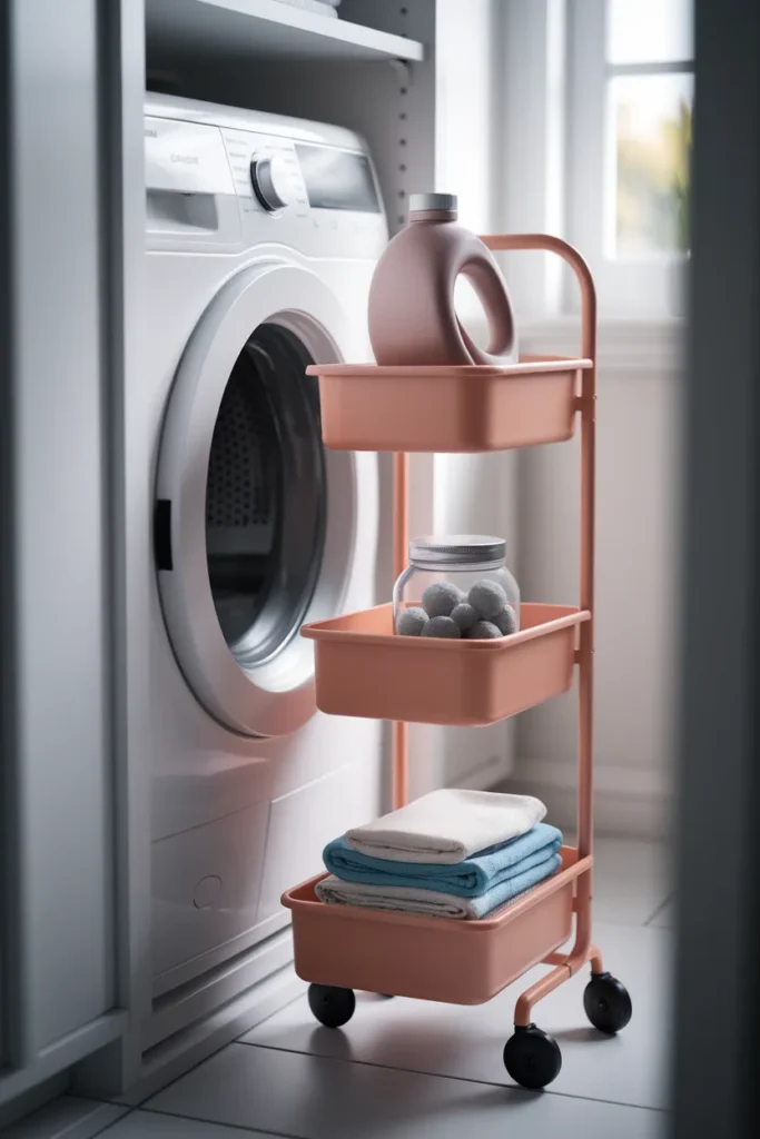 Slim rolling storage cart in the gap between a washer and dryer for small laundry room organization