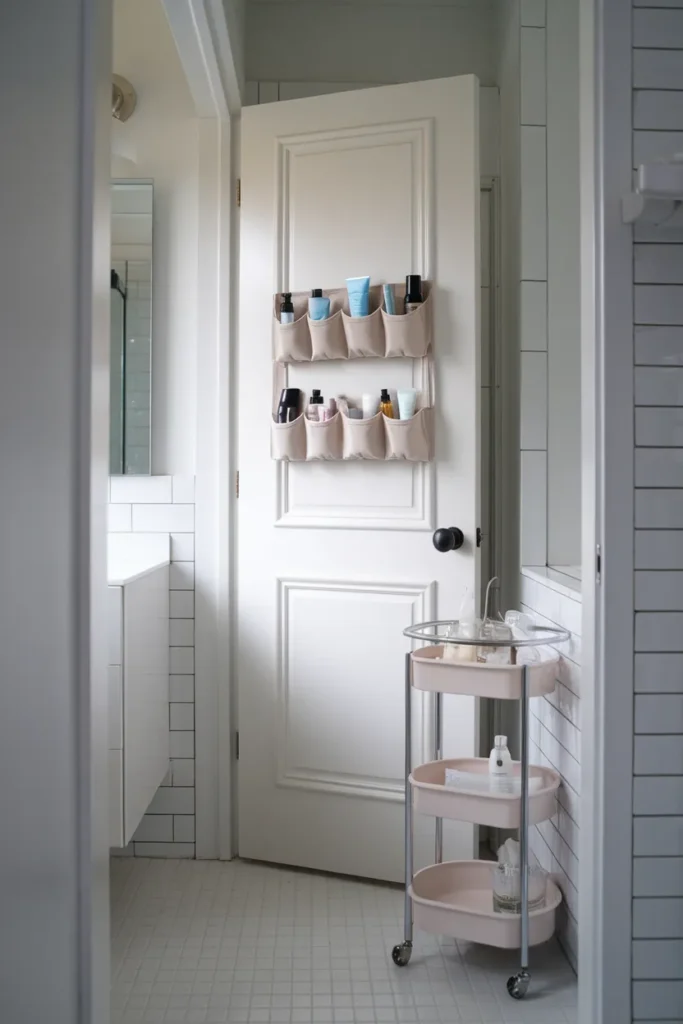 Small bathroom skincare storage using an over the door organizer and rolling cart