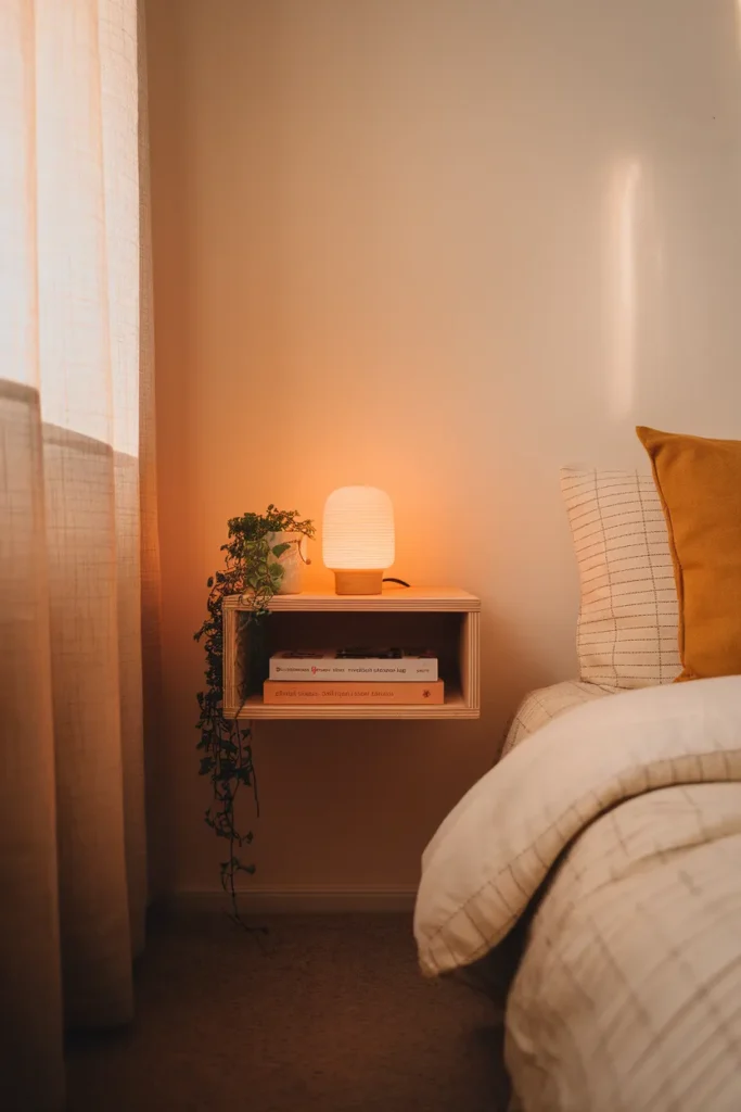 Small bedroom nightstand ideas floating wood bedside shelf with a lamp and plant