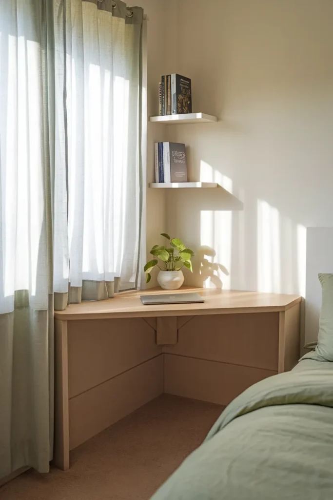 Small bedroom office organization in a bright corner with oak desk and floating shelf